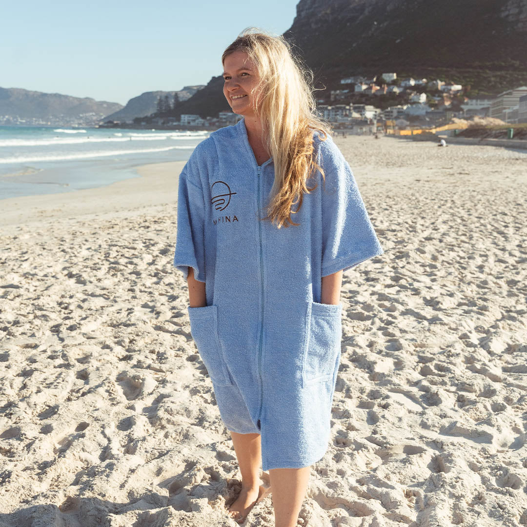 Zip Salt Blue Towel Poncho